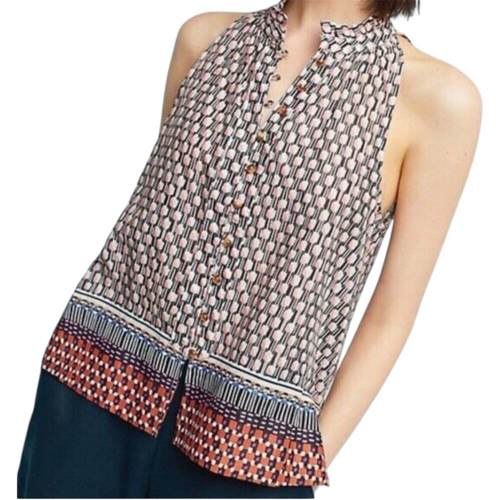 Anthropologie Maeve Prema Button Up Halter Tank Mockneck Ruffle Geometric Tile S